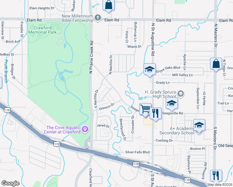 map of restaurants, bars, coffee shops, grocery stores, and more near 179 South Seagoville Road in Dallas