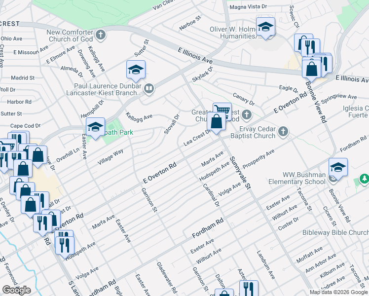 map of restaurants, bars, coffee shops, grocery stores, and more near 2555 East Overton Road in Dallas