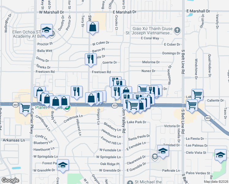 map of restaurants, bars, coffee shops, grocery stores, and more near 2307 Oak Lane in Grand Prairie