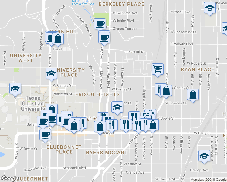 map of restaurants, bars, coffee shops, grocery stores, and more near 2816 Wayside Avenue in Fort Worth
