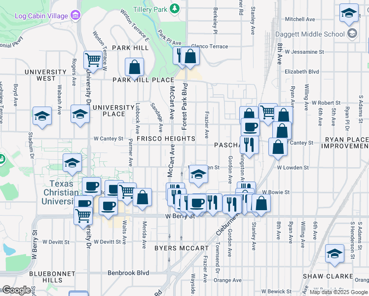 map of restaurants, bars, coffee shops, grocery stores, and more near 2816 Wayside Avenue in Fort Worth