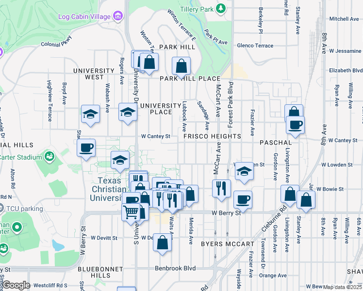 map of restaurants, bars, coffee shops, grocery stores, and more near 2809 Lubbock Avenue in Fort Worth