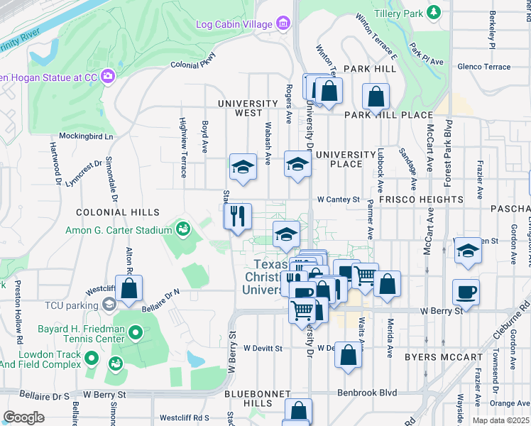 map of restaurants, bars, coffee shops, grocery stores, and more near in Fort Worth
