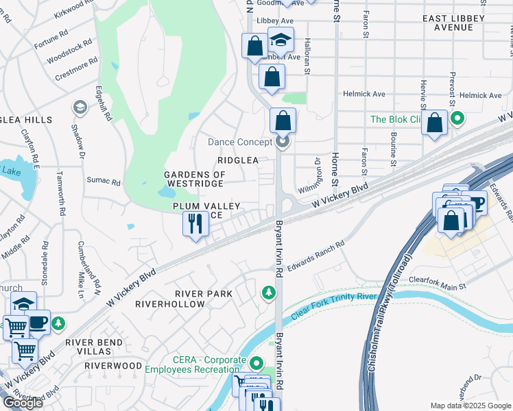 map of restaurants, bars, coffee shops, grocery stores, and more near 1005 Ridglea Lane in Fort Worth