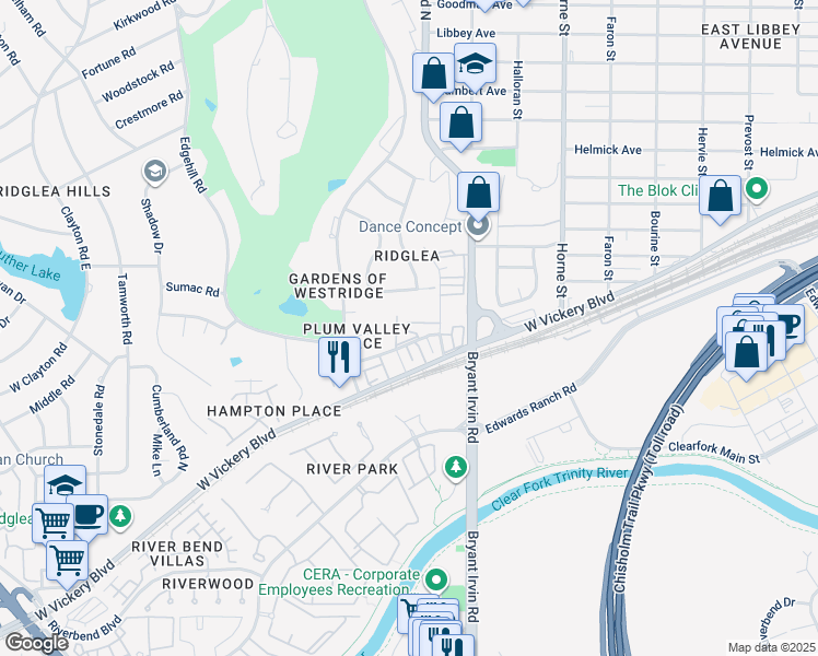 map of restaurants, bars, coffee shops, grocery stores, and more near 6016 Westridge Lane in Fort Worth