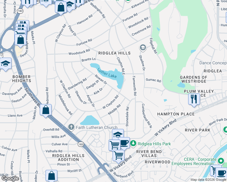 map of restaurants, bars, coffee shops, grocery stores, and more near 4341 West Clayton Road in Fort Worth