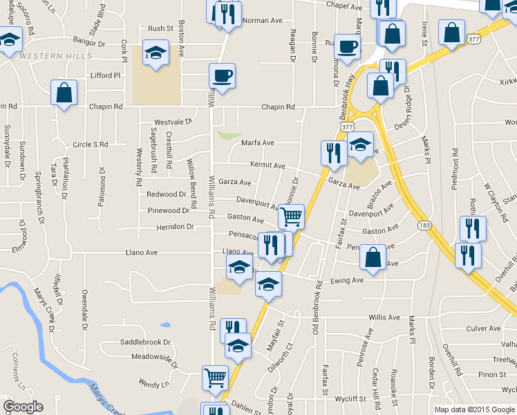 map of restaurants, bars, coffee shops, grocery stores, and more near 7800 Gaston Avenue in Fort Worth
