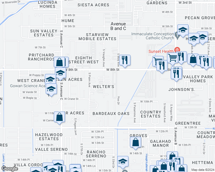 map of restaurants, bars, coffee shops, grocery stores, and more near 923 South Date Avenue in Yuma