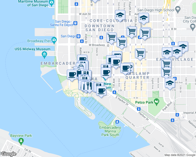 map of restaurants, bars, coffee shops, grocery stores, and more near 500 West Harbor Drive in San Diego