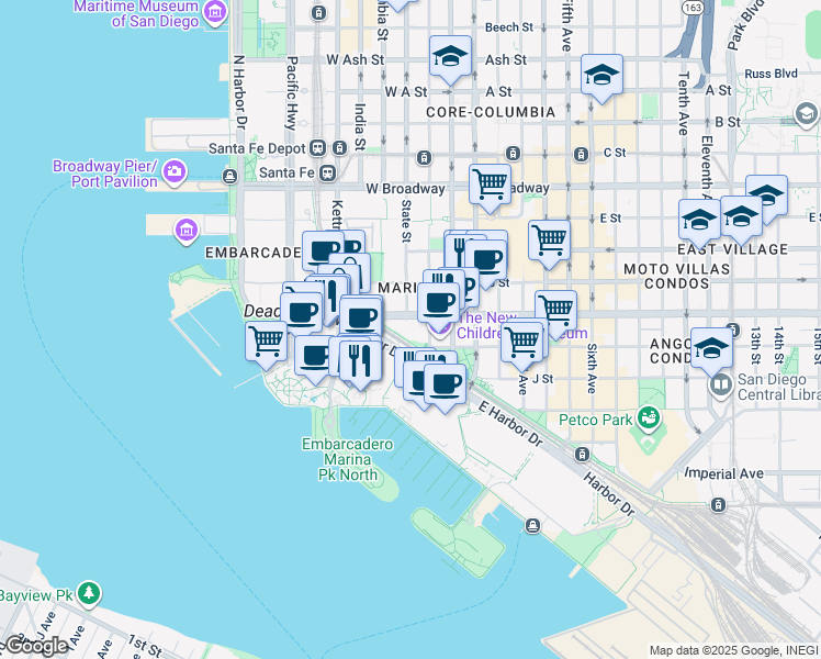 map of restaurants, bars, coffee shops, grocery stores, and more near 500 West Harbor Drive in San Diego