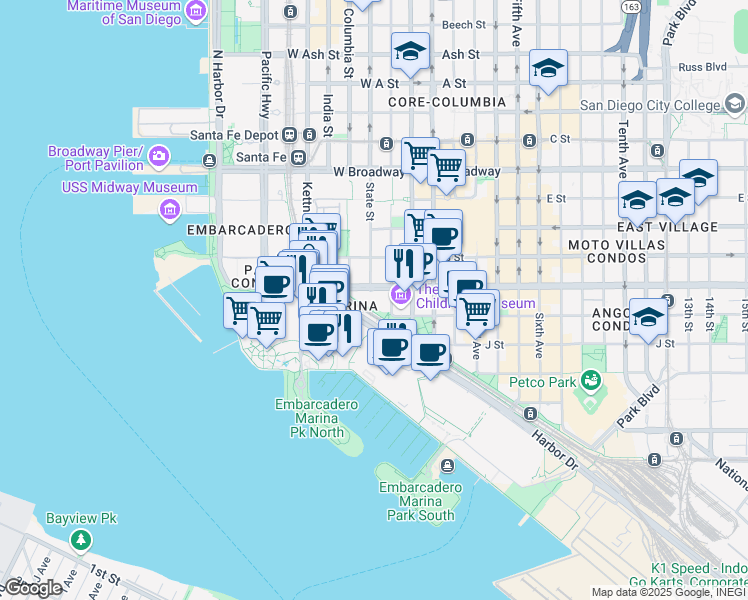 map of restaurants, bars, coffee shops, grocery stores, and more near 500 West Harbor Drive in San Diego