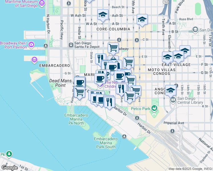map of restaurants, bars, coffee shops, grocery stores, and more near in San Diego