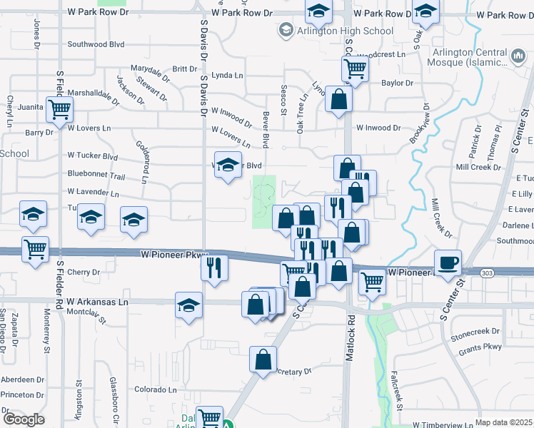 map of restaurants, bars, coffee shops, grocery stores, and more near 1000 Bent Creek Drive in Arlington