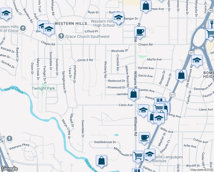 map of restaurants, bars, coffee shops, grocery stores, and more near 4009 Westerly Road in Benbrook