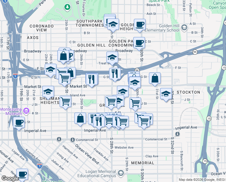 map of restaurants, bars, coffee shops, grocery stores, and more near 13 28th Street in San Diego