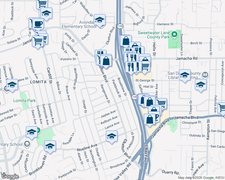 map of restaurants, bars, coffee shops, grocery stores, and more near 832 Parkbrook Street in Spring Valley