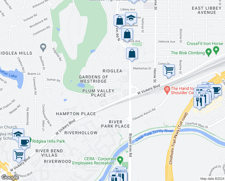 map of restaurants, bars, coffee shops, grocery stores, and more near 6016 Westridge Lane in Fort Worth