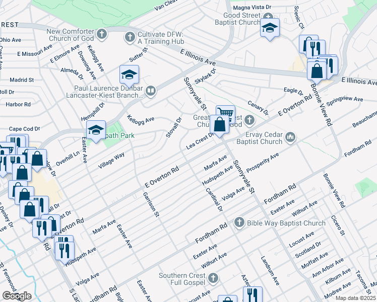 map of restaurants, bars, coffee shops, grocery stores, and more near 2555 East Overton Road in Dallas