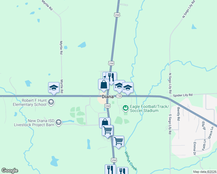 map of restaurants, bars, coffee shops, grocery stores, and more near 1379 U.S. 259 in Diana