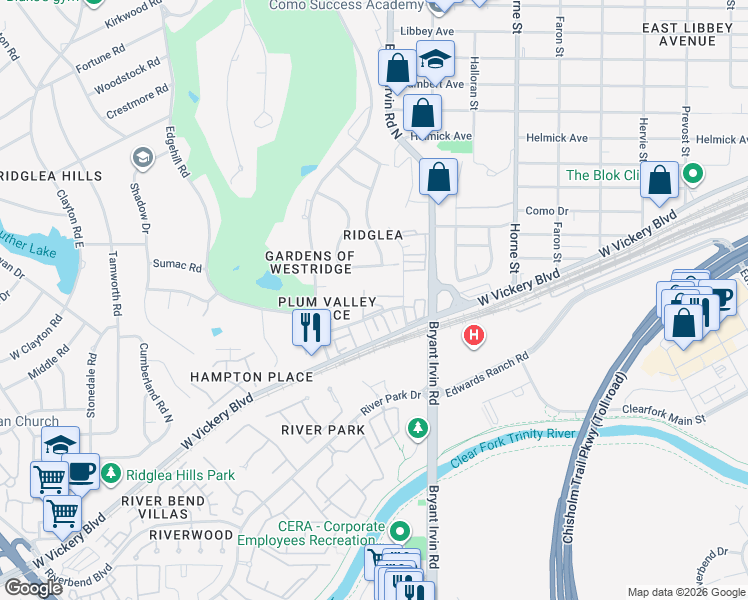 map of restaurants, bars, coffee shops, grocery stores, and more near 6012 Westridge Lane in Fort Worth