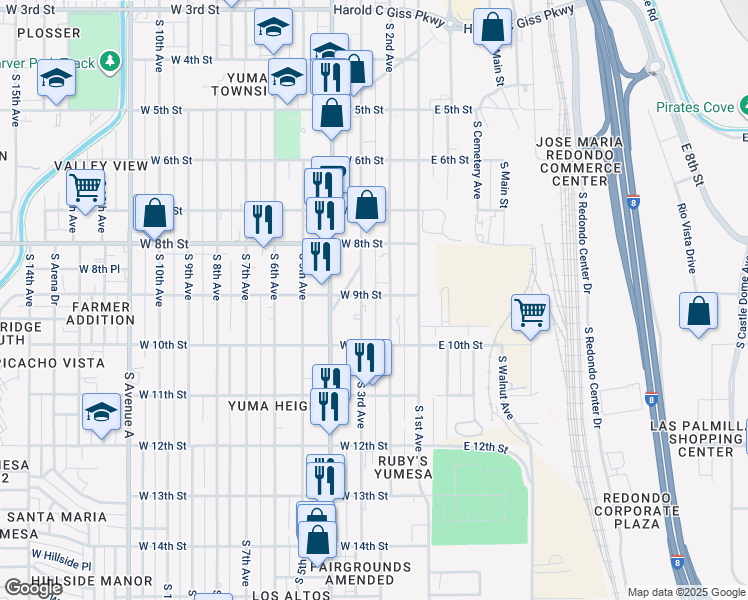 map of restaurants, bars, coffee shops, grocery stores, and more near 940 S 2nd Ave in Yuma