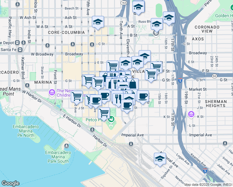map of restaurants, bars, coffee shops, grocery stores, and more near in San Diego