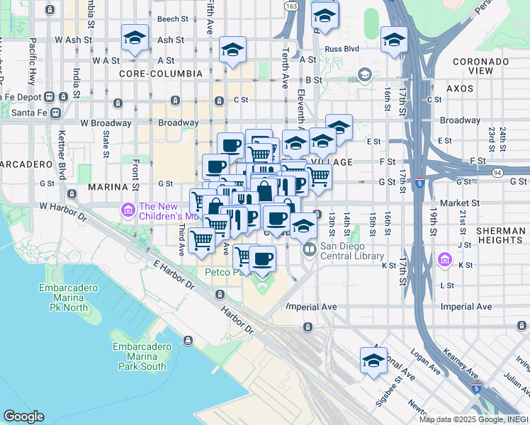 map of restaurants, bars, coffee shops, grocery stores, and more near 800 The Mark Lane in San Diego
