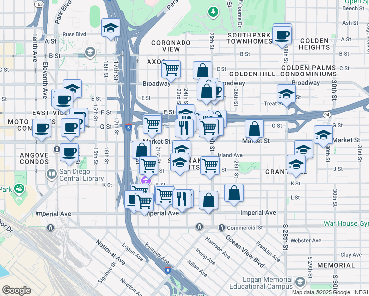 map of restaurants, bars, coffee shops, grocery stores, and more near 532 24th Street in San Diego