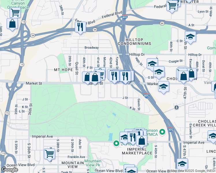 map of restaurants, bars, coffee shops, grocery stores, and more near 530 42nd Street in San Diego