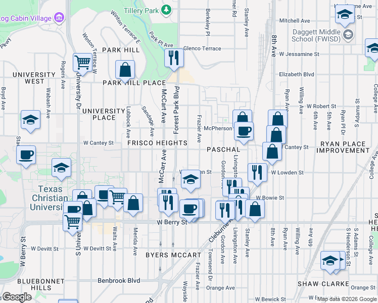 map of restaurants, bars, coffee shops, grocery stores, and more near 2816 Wayside Avenue in Fort Worth