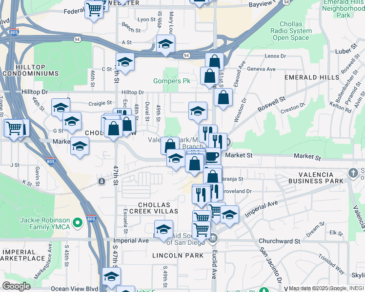 map of restaurants, bars, coffee shops, grocery stores, and more near 4904-4968 Market Street in San Diego