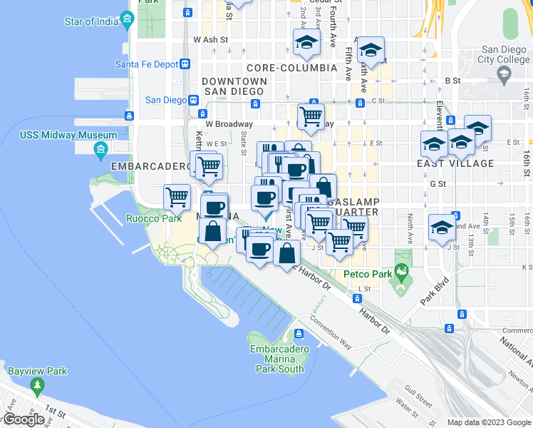 map of restaurants, bars, coffee shops, grocery stores, and more near 200 West Island Avenue in San Diego