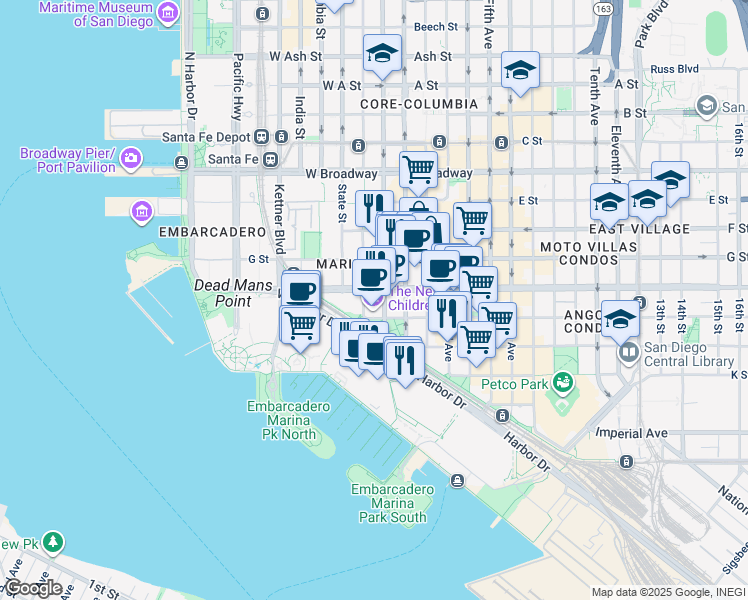 map of restaurants, bars, coffee shops, grocery stores, and more near 550 Front Street in San Diego