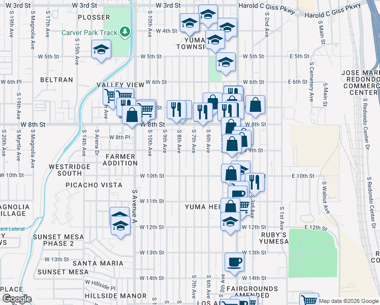 map of restaurants, bars, coffee shops, grocery stores, and more near 900 South 7th Avenue in Yuma