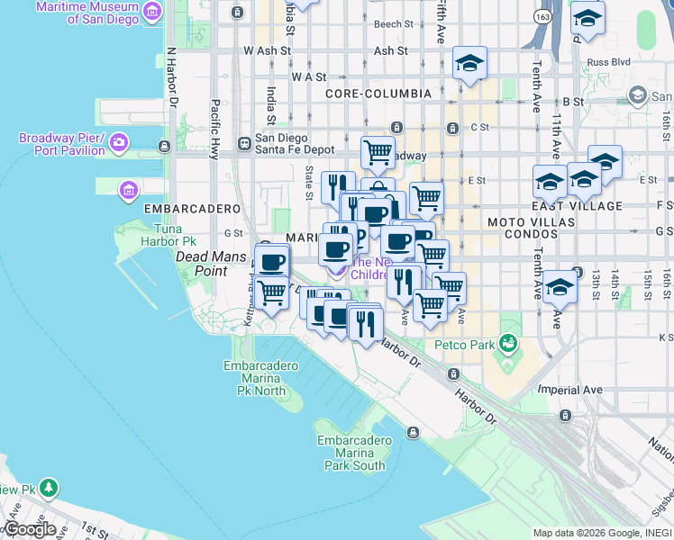 map of restaurants, bars, coffee shops, grocery stores, and more near 550 Front Street in San Diego