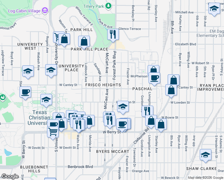 map of restaurants, bars, coffee shops, grocery stores, and more near in Fort Worth