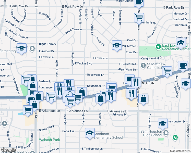 map of restaurants, bars, coffee shops, grocery stores, and more near 1504 Darlene Lane in Arlington