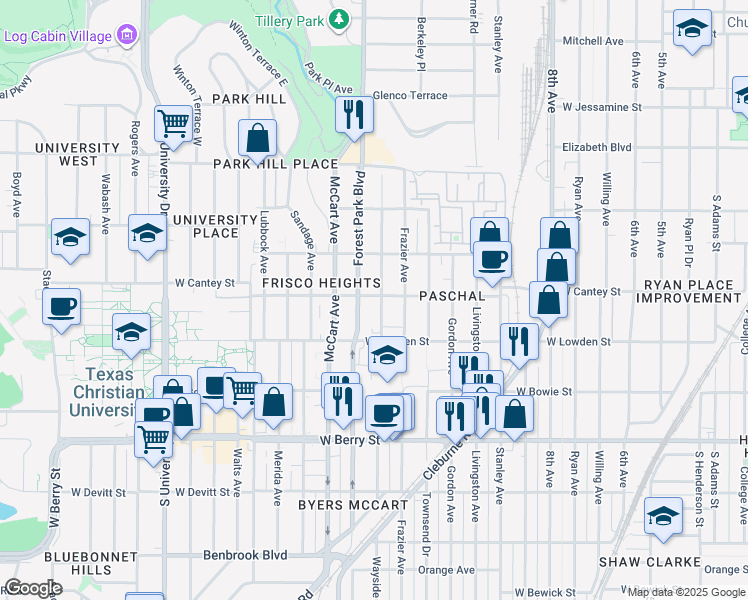 map of restaurants, bars, coffee shops, grocery stores, and more near 2800 Wayside Avenue in Fort Worth