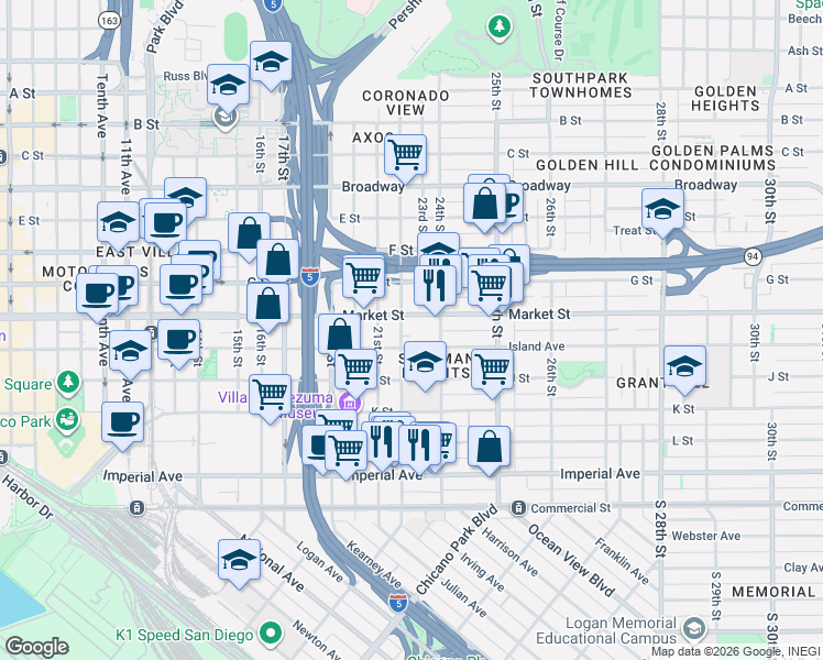 map of restaurants, bars, coffee shops, grocery stores, and more near 2200 Island Avenue in San Diego
