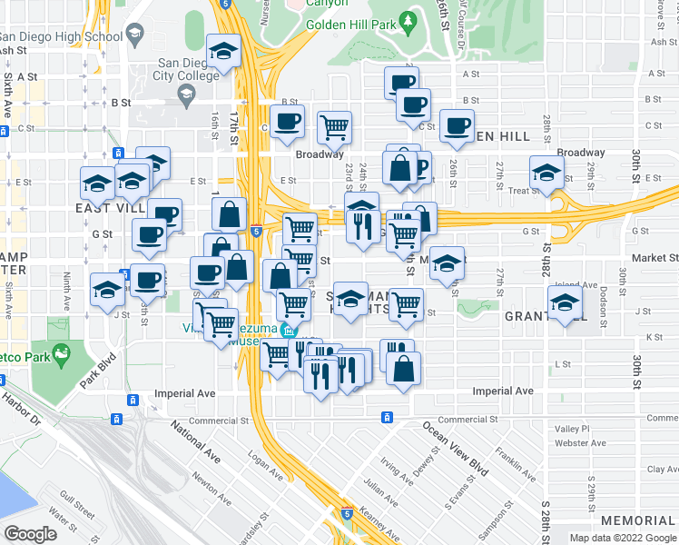 map of restaurants, bars, coffee shops, grocery stores, and more near 541 22nd Street in San Diego