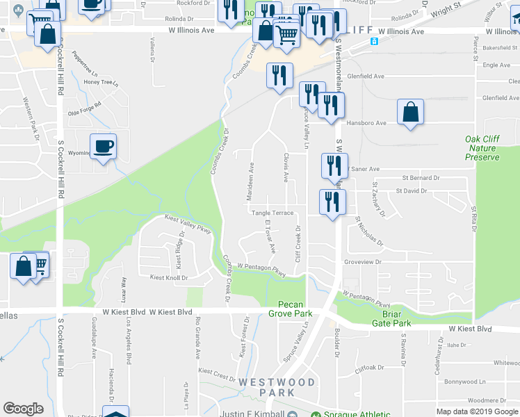 map of restaurants, bars, coffee shops, grocery stores, and more near 3511 Tangle Terrace in Dallas
