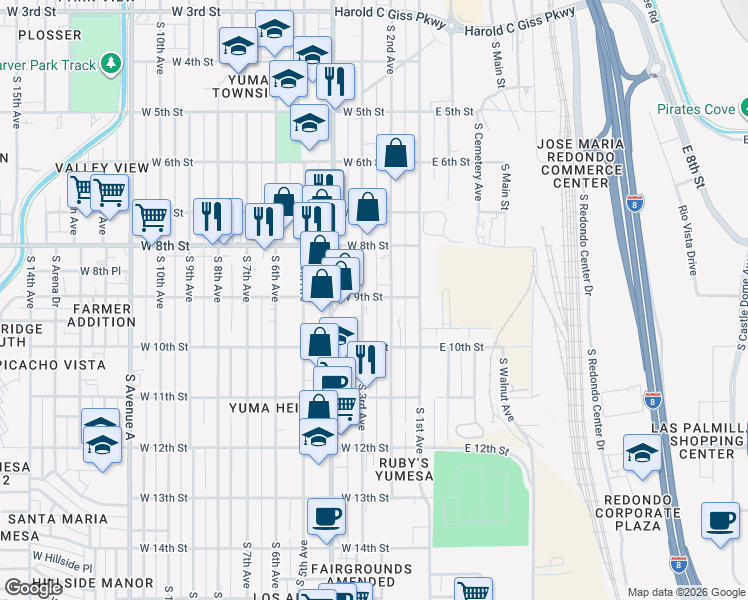 map of restaurants, bars, coffee shops, grocery stores, and more near 940 S 2nd Ave in Yuma