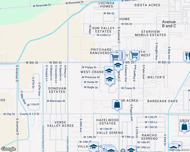 map of restaurants, bars, coffee shops, grocery stores, and more near 4200-4398 W Verde St in Yuma
