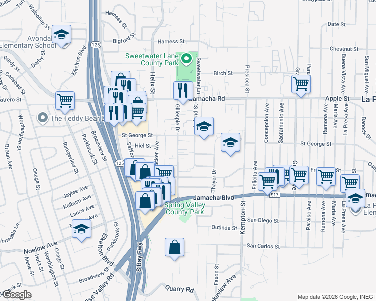 map of restaurants, bars, coffee shops, grocery stores, and more near 936 Leland Street in Spring Valley