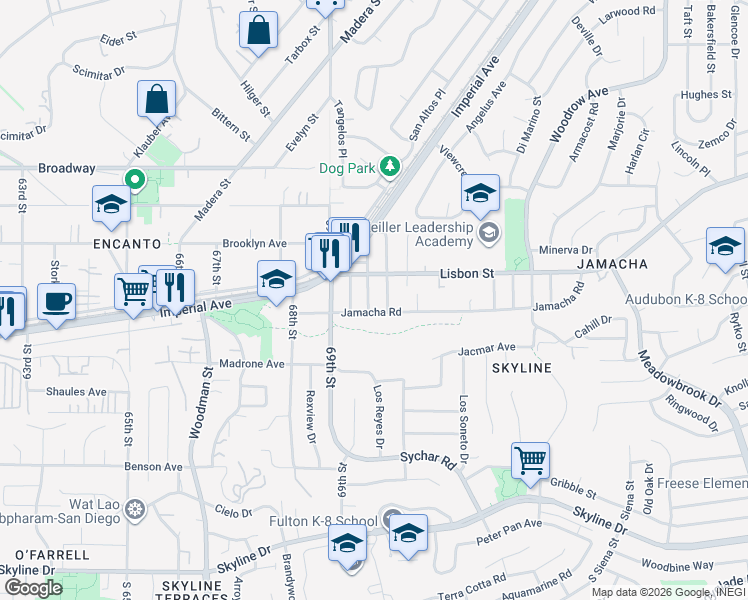 map of restaurants, bars, coffee shops, grocery stores, and more near 6965 Jamacha Road in San Diego