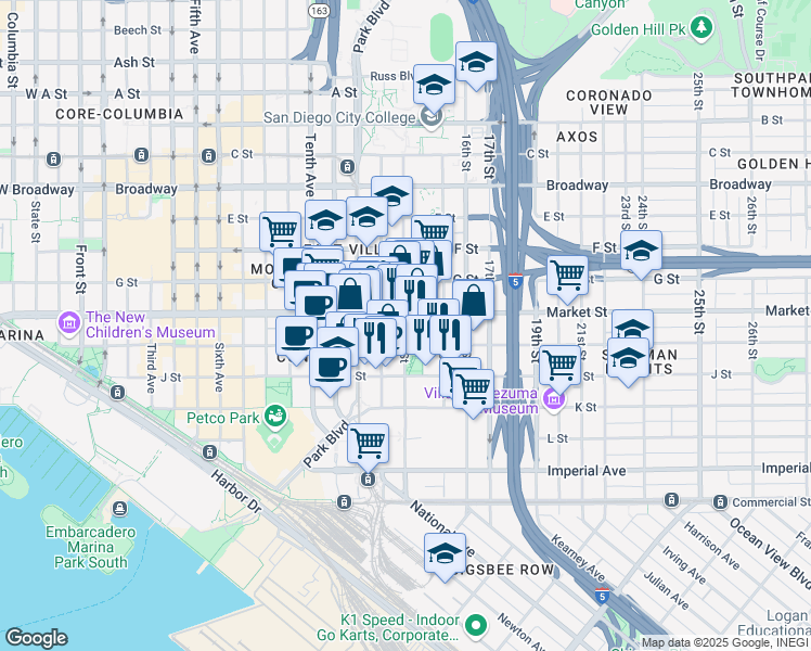 map of restaurants, bars, coffee shops, grocery stores, and more near 501 14th Street in San Diego