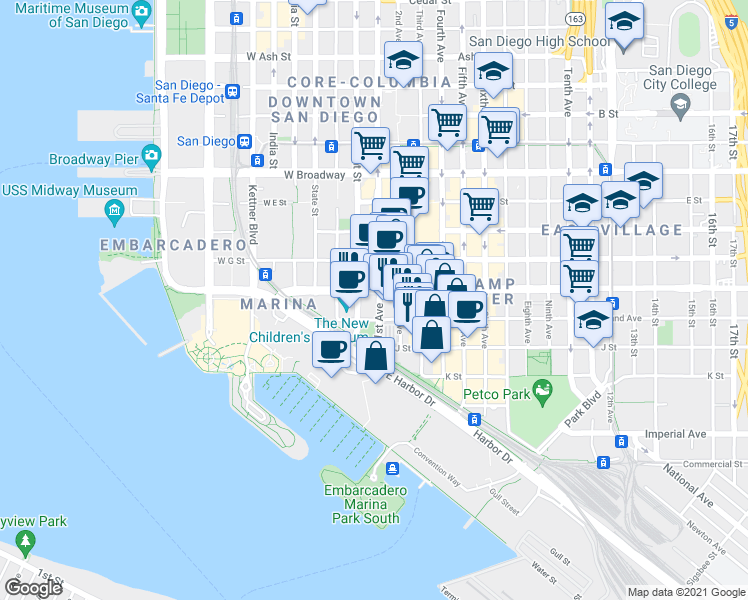 map of restaurants, bars, coffee shops, grocery stores, and more near 100 Island Avenue in San Diego