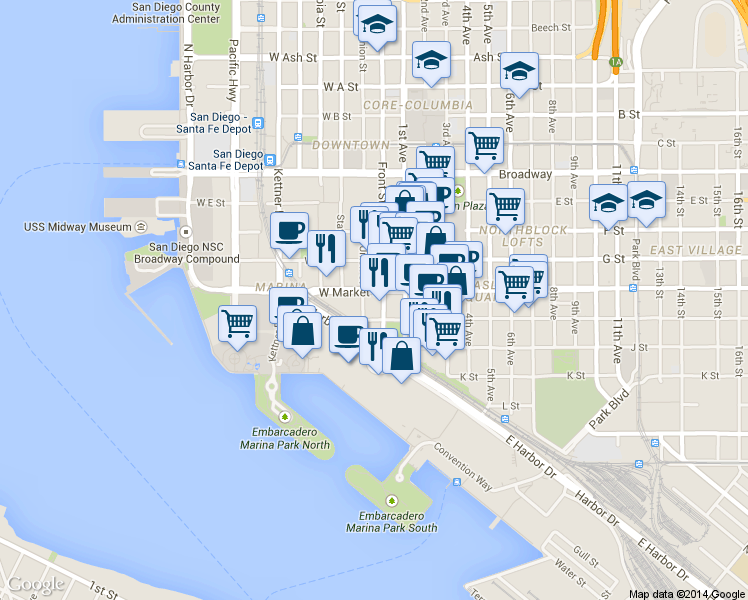 map of restaurants, bars, coffee shops, grocery stores, and more near in San Diego