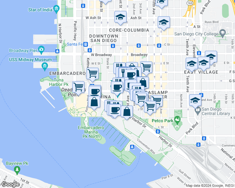 map of restaurants, bars, coffee shops, grocery stores, and more near in San Diego