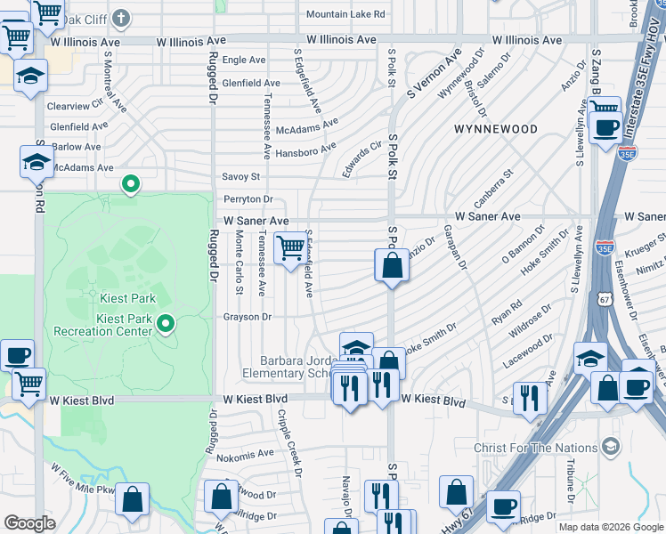 map of restaurants, bars, coffee shops, grocery stores, and more near 3215 Anzio Drive in Dallas